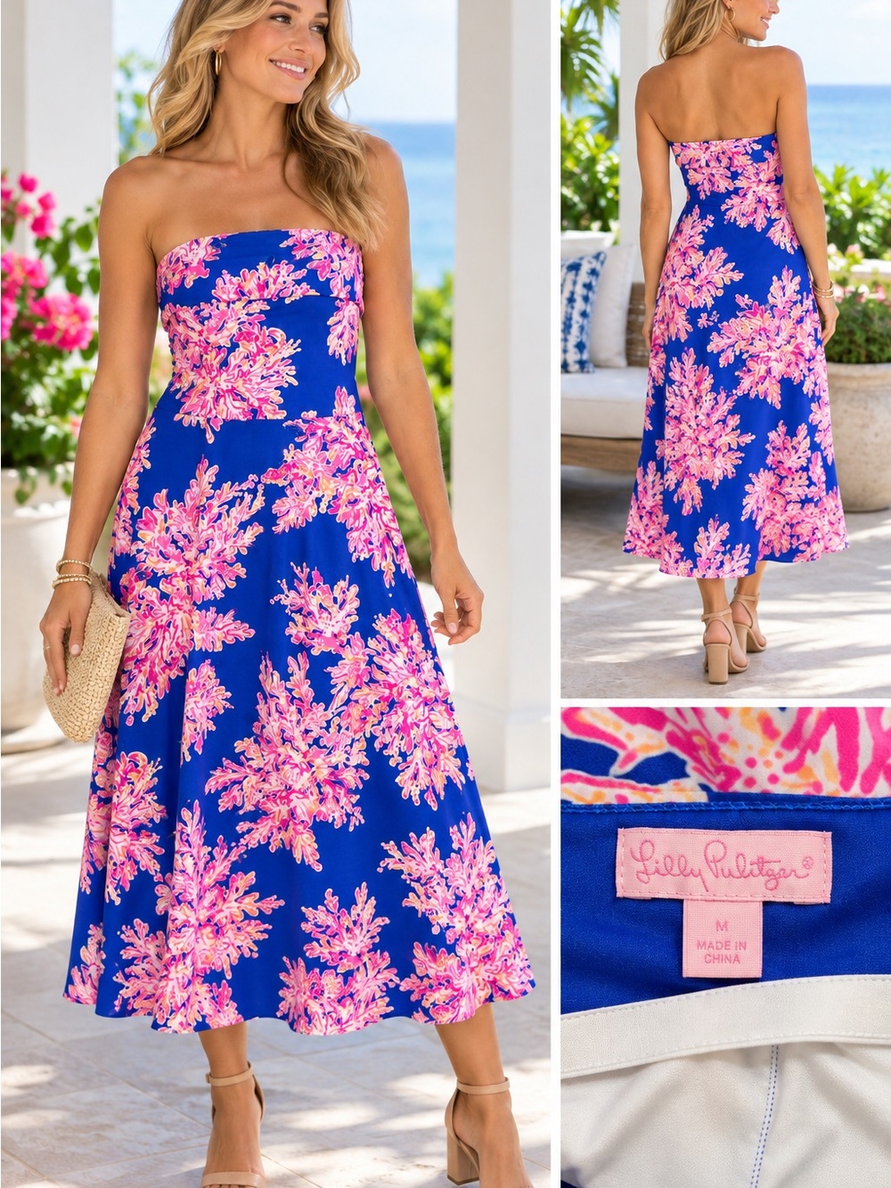 Lilly Pulitzer Blue Strapless Pink Floral Midi Dress